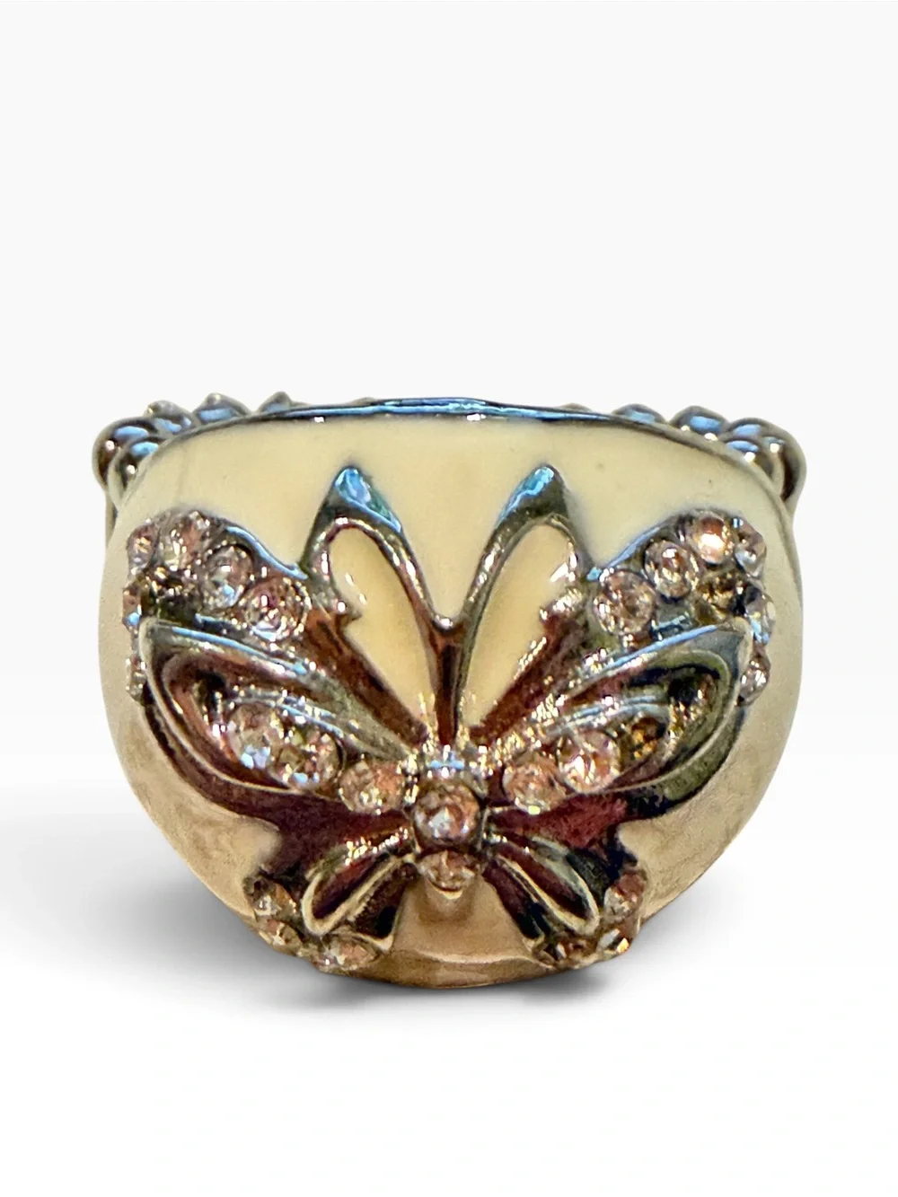 Butterfly Stretch Ring Size 8 Ivory Enamel Rhinestone Silver Tone Statement